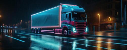camión con carga conducción en el la carretera a noche con neón luces y paisaje urbano movimiento difuminar antecedentes. generativo ai foto