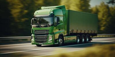 Truck with cargo driving on the road motion blur background. photo