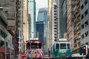 Hong Kong,March 25,2019-Ding ding among the skyscrapers through the streets of Hong Kong during a cloudy day photo