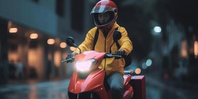 Delivery man ride scooter motorcycle with motion blur cityscape background. photo