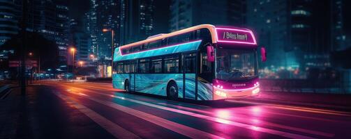 Bus driving on the road at night with glowing neon lights motion blur background. photo