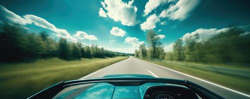 Electric Car driving on the road with green nature and blue sky motion blur background. photo