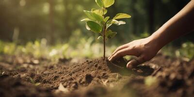 Human hand planting a tree, World environment day concept. photo