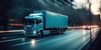 Truck with cargo driving on the road motion blur background. photo