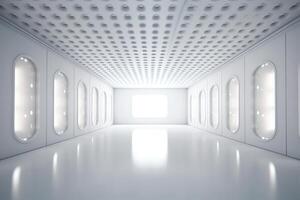 Empty white room with spotlights in the ceiling gallery or modern interior template 3d illustration. photo