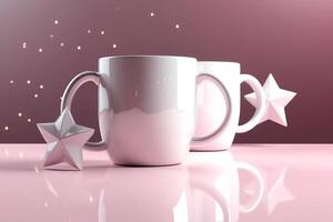 2 White blank coffee mugs with handle on pink background stars and reflection 3d render scene with cup in air. photo