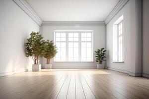 minimalista vacío habitación con blanco pared y de madera piso y interior verde plantas 3d representación. ai generado foto