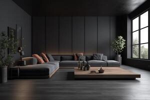 moderno vacío vivo habitación y mueble decoración burlarse de arriba diseño y negro pared antecedentes textura. ai generado foto