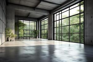 Industrial loft style empty room with blank concrete wall 3d render there are polished concrete floor and wall black steel structure there are large windows look out to see the nature. photo