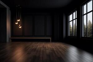 vacío habitación con negro pared antecedentes de madera piso vivo habitación 3d representación. ai generado foto