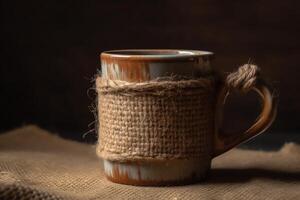 Coffee mug on a burlap background with room to copy text. photo