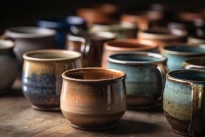 A set of ceramic coffee mugs. photo