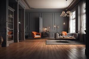 Vintage modern interior of living room empty room dark gray wall and wood flooring 3d rendering. photo