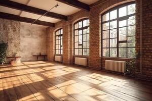 vacío habitación desván interior con grande ventana blanco paredes ladrillos de madera vigas y piso. ai generado foto