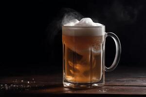 Cold mug with beer with overflowing foam on wooden table and dark background. photo