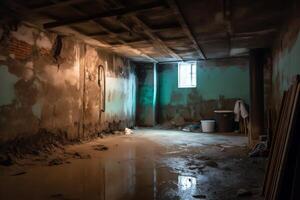 Basement under construction underwater with mold on wall. photo