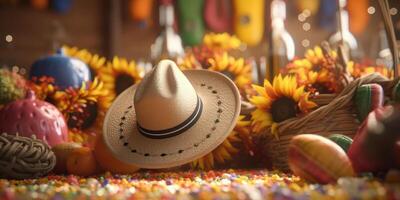 Paja sombrero festa junina fondo, brasileño fiesta y latín americano festival. generativo ai foto