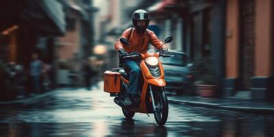 Delivery man ride scooter motorcycle with motion blur cityscape background. photo