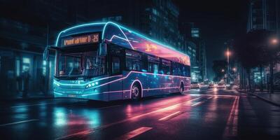 Bus driving on the road at night with glowing neon lights motion blur background. photo