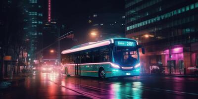 Bus driving on the road at night with glowing neon lights motion blur background. photo