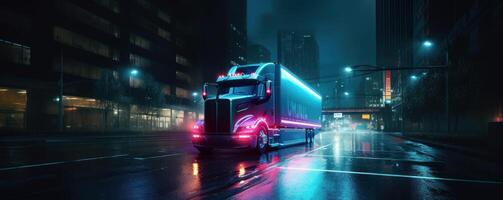 Truck with cargo driving on the road at night with neon lights and cityscape motion blur background. photo