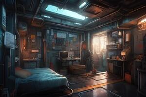 Futuristic guy room in cyberpunk dystopia concept art illustration. photo