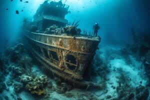 Scuba divers exploring a sunken shipwreck underwater mysteries high quality. photo