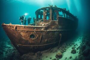 Scuba divers exploring a sunken shipwreck underwater mysteries high quality. photo