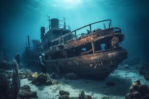 Scuba divers exploring a sunken shipwreck underwater mysteries high quality. photo