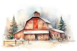 Watercolor wooden white barn christmas tree background illustration. photo