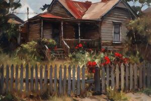 un pintura de un casa con un rojo techo y un cerca en el antecedentes. ai generado foto
