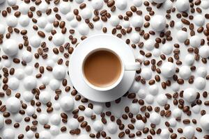 Top view of white coffee mugs with a pattern on the foam coffee beans in the background cappuccino seamless pattern. photo