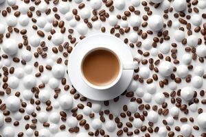 Top view of white coffee mugs with a pattern on the foam coffee beans in the background cappuccino seamless pattern. photo