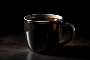 A black coffee mug is shown on a dark background with a shadow on the ground and a black background with a black coffee mug on it. photo