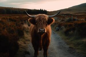 Near a gravel road a highland cow with a long tuft of reddish hair looks straight into the camera. photo