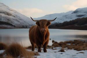 Highland cow with horns standing in front of lake with snow covered mountains in background ai assisted finalized in photoshop by me. photo