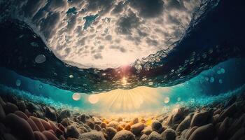 cautivador submarino escena vistoso rocas, piedras, y plantas en cristal claro mar con luz de sol radiante mediante ondas, Proporcionar un mágico natural fondo para esta sensacionalmente imagen ai generado