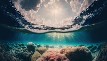 Awe-Inspiring Underwater View Sunbeams and Colorful Rocks Combine to Create a Breathtaking Natural Backdrop AI Generated photo