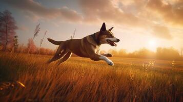 un contento perro saltando con deleite a través de el iluminado por el sol campo. generativo ai foto