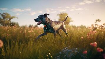 A Happy Dog Leaping with Delight across the Sunlit Field. photo