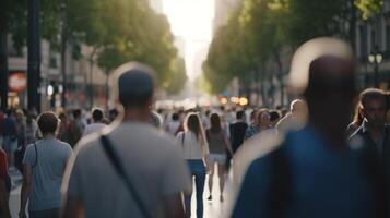 ciudad vida en movimiento. un bokeh difuminar de personas caminando mediante el ocupado calles generativo ai foto