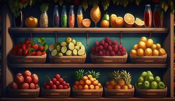 Colorful Array of Fresh Fruits on Display at Local Greengrocer. photo