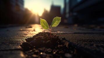 un pequeño árbol joven emerge mediante asfalto. generativo ai foto