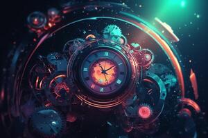 reloj y reloj engranajes en espacio futurista resumen antecedentes vibrante colores ilustración hora y universo concepto. ai generado foto