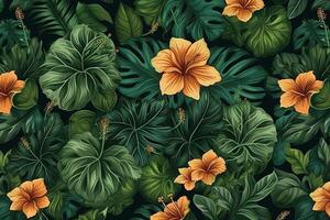 Seamless pattern hibiscus flowers monstera green leaf background. photo