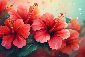 pastel antecedentes con manojo de vistoso rojo hibisco flores primavera tema concepto ilustración. ai generado foto