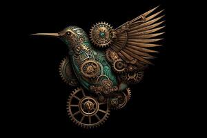 Steampunk hummingbird with clockwork gears metal and patina rust black background texture centered design. photo