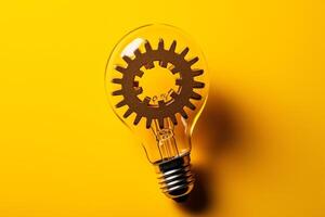 Light bulb with gears ideas concept yellow background. photo