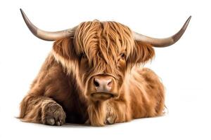 Scottish highland cow isolated white background. photo