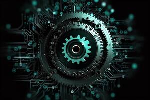 Gear wheel on circuit board illustration hitech engineering digital engineer concept web template business tech business team. photo